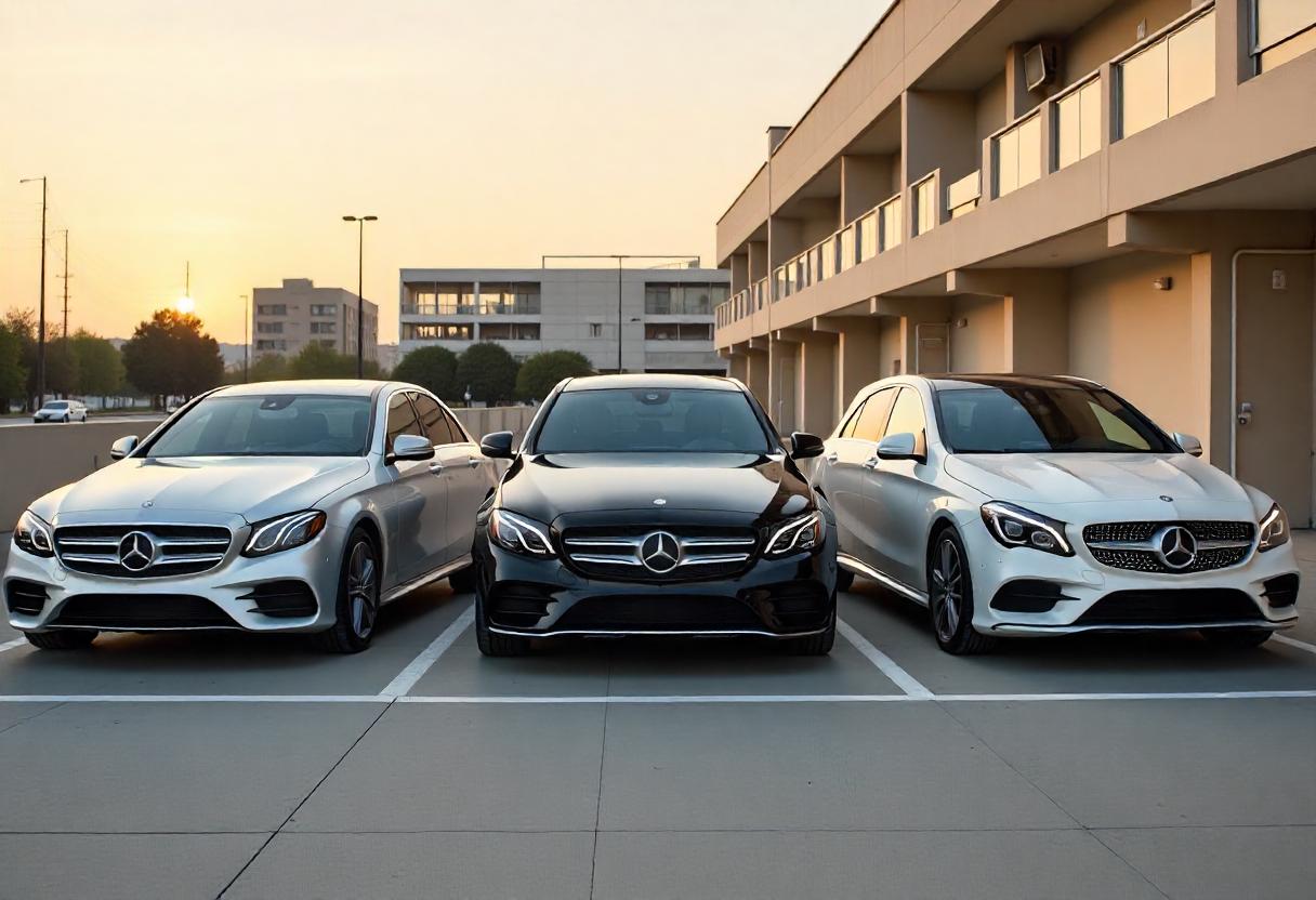 Mercedes E-Klasse, C-Klasse und B-Klasse als zuverlässige Gebrauchtwagenmodelle auf einem Parkplatz – Top 10 Übersicht